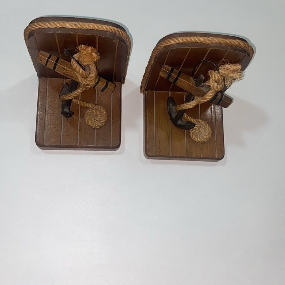 Vintage Set 2 Nautical Wooden Bookends with Rope Accents
